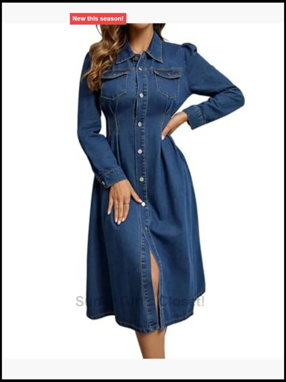 Women's Long Sleeve Denim Dress Ruched High Waist Button Down Jean Dress with